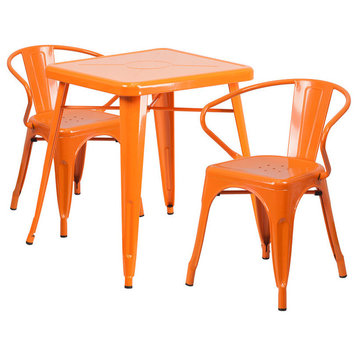 23.75'' Square Orange Metal Indoor-Outdoor Table Set With 2 Arm Chairs