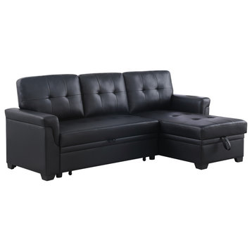 Lexi Vegan Leather Reversible Sleeper Sectional Sofa With Storage Chaise, Black