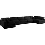 Meridian Furniture - Plush Velvet / Down Standard Comfort 7-Piece U-Shaped Modular Sectional, Black - No matter how big or little the size of your gang, they can all find their sweet spot when you choose pieces from the Plush collection to build your ideal seating group. Choose this individual Plush piece or pair multiple pieces together to get the custom look everyone will love. The soft black velvet material is soft and welcoming to the touch, and the set's cushions are overstuffed with a down and feather blend to provide ample support for tired bodies.