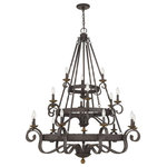 Quoizel Lighting - Quoizel Lighting - Noble Chandelier 8 Light Steel - Noble Chandelier 8 Light - Collection: Noble, Material: Wood, Finish Color: Rustic Black, Width: 48", Height: 57", Length: 48", Depth: 48", Hanging Method: Chain, Chain Length: 96", Lamping Type: Incandescent, Number Of Bulbs: 18, Wattage: 60 Watts, Dimmable: Yes, Moisture Rating: Damp Rated, Desc: Sometimes, the name says it all. The Noble chandelier radiates magnificent style through a tiered, overscale structure. With nods to opulent Spanish design, this chandelier comes in a rustic black finish featuring honeyed bronze candle cups and finials. Best paired with earth tones or crisp white decor, Noble illuminates sovereign style.  57.00" H 48.00" W 48.00" L, Bulb Type CAND BASE B10, Bulb Qty 18, Base Finish RK - Rustic Black, Item Weight 85.80,   Product Design Style: Traditional   Product Finish: Black   Product Electrical: 18 x 60w Candelabra Base   Product Warranty: Product Warranty: Indoor Lighting Fixtures-Electrical Components [1 Year], Integrated LED (LED Bulbs Excluded)[5 Years], Finish[1 Year]; Outdoor Lighting Fixtures-Electrical Wiring & Sockets [1 Year], Integrated LED (LED Bulbs Excluded)[5 Years], "Armour" Finish[5 Years], Finish[2 Years].    Bedroom/Dining/Entry/Foyer    / Assembly Required: Yes    / Canopy Included: Yes    / Cord Length: 144.00    / Canopy Diameter: 5.00    / Dimmable: Yes   . Bedroom/Dining/Entry/Foyer   Cord Length: 144.00    / Canopy Diameter: 6.00 X 1.25   .  Assembly Required: Yes    / Canopy Included: Yes    / Canopy Diameter: 6    / Chain Length: 8.00    / Bulb Shape: B10    / Dimmable: Yes   . ,-Noble Chandelier 8 Light Steel-Noble Chandelier, Chandelier, classic shape chandelier, rustic chandelier, traditional chandelier, candle style chandelier, candle-style chandelier, exposed bulb chandelier, 8 light chandelier, rustic black finish chandelier,-NBE5018RK