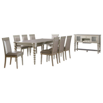 Zaria Champagne Wood 10 Piece Extendable Dining Set, Table, 8 Chairs, Server