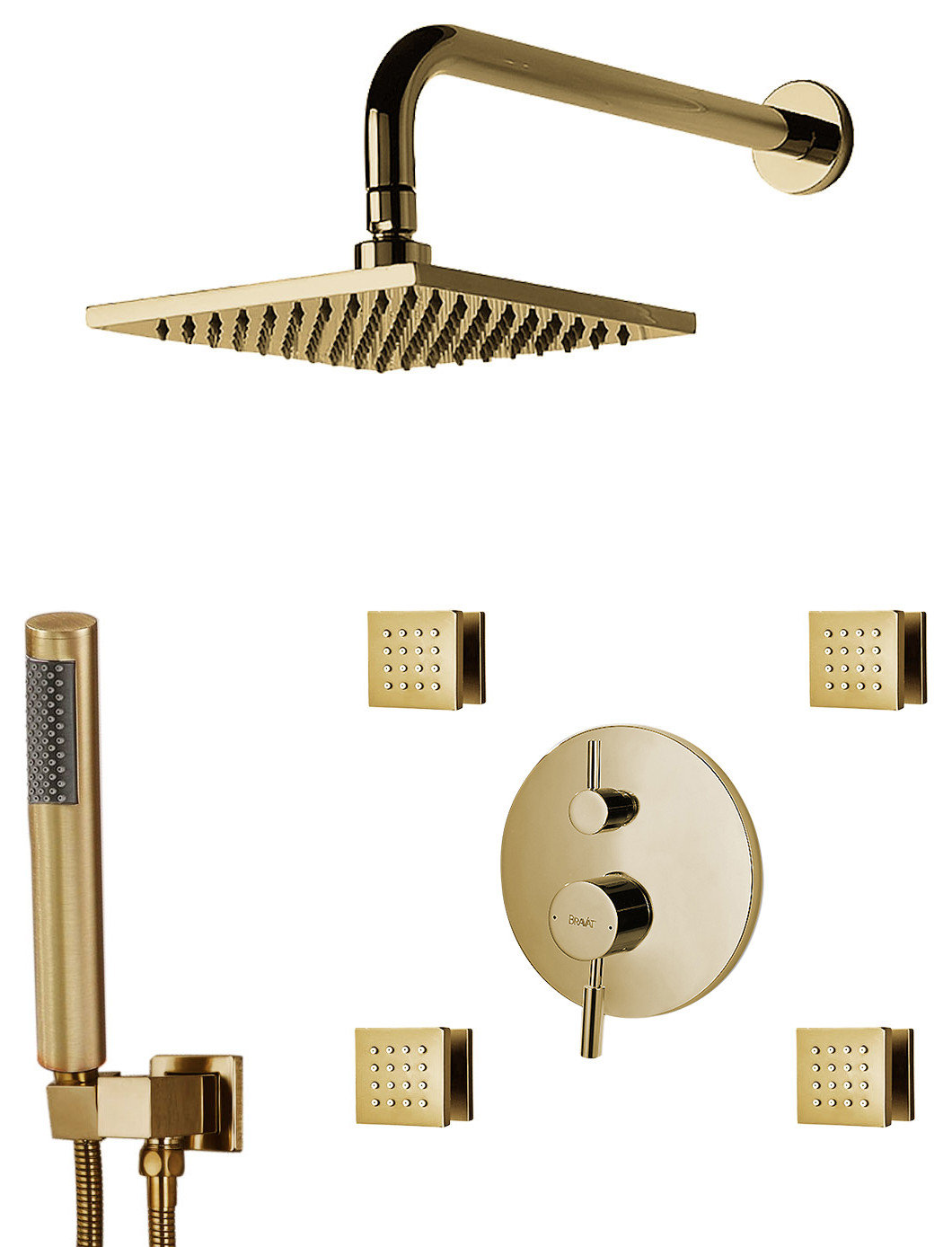 Bravat Brushed Gold Wall Mounted Square Shower Set, Valve Mixer 3-Way ...