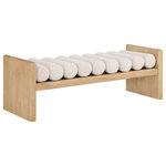 Meridian Furniture - Waverly Boucle Fabric Upholstered Bench, Cream, 52" Wide, Natural Finish - Add originality to your home with this unique bench from Meridian Furniture's Waverly collection. Crafted using solid rubber wood with a natural finish, this bench makes a bold statement in any living space. Its H-shaped design holds nine rich cream boucle fabric cushion rolls on top, providing a comfortable place to sit for you or your guests. It's big enough to seat more than one person, providing you with extra seating space, and its contemporary design is perfect for any modern home.