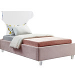 Meridian Furniture - Ghost Velvet Upholstered Bed, Pink, Twin - There's nothing scary about the Ghost pink velvet twin size bed, with its plush cushioned and upholstered side rails and footboard. A curved transparent acrylic headboard allows you to situate it in front of a window without blocking the view, and matching acrylic legs offer a beautiful contemporary appearance. This bed has a complete set of slats included for your convenience, so you won't need to purchase a box spring.