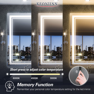 3-Colors LED Bathroom Mirror, Anti-Fog Memory Dimmable, Sliver, 48"x36"