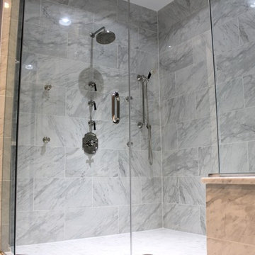 Transitional Master Bathroom Shower with Polished Nickel Faucets & HD Marble Loo