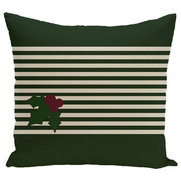 Holly Stripe, Decorative Holiday Stripe Print Pillow, Dark Green, 16"x16"