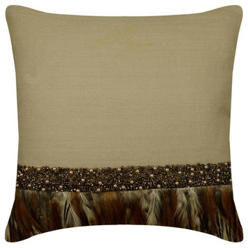 Beige 16"x16" Feathers & Beads Linen Throw Pillow Cover - Falling Feathers