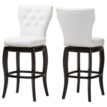 Leonice Faux Leather Button-Tufted Swivel Bar Stools, Set of 2, White