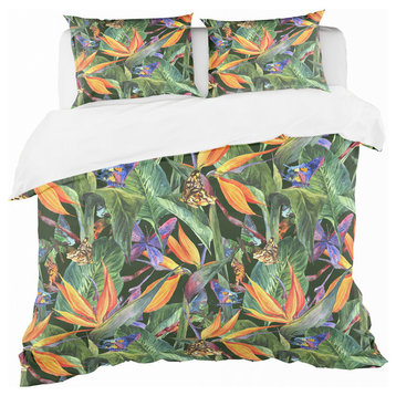 Tropical Pattern With Exotic Flowers Tropical Duvet Cover, Queen