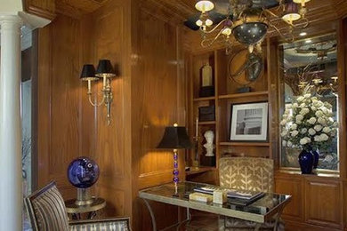 Small elegant freestanding desk dark wood floor study room photo in Louisville