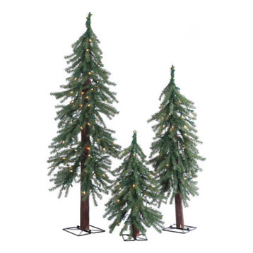 Pre-Lit Alpine Trees With Clear Lights, Set of 3