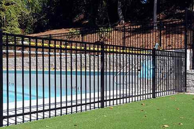 Diseño de piscina elevada rectangular en patio trasero con paisajismo de piscina