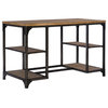 Linon Benjamin Wood Desk Distressed Steel Base 4 Open Shelves in Weathered Brown