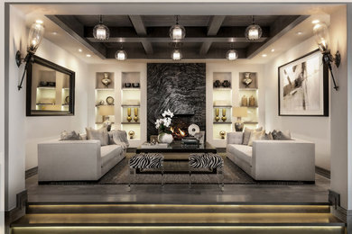 Inspiration for a huge transitional walk-out porcelain tile and brown floor basement remodel in Orange County with white walls, a standard fireplace and a stone fireplace
