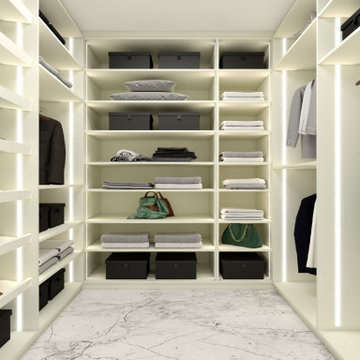 Small walk-in wardrobe in cool white matt finish supplied by Inspired Elements