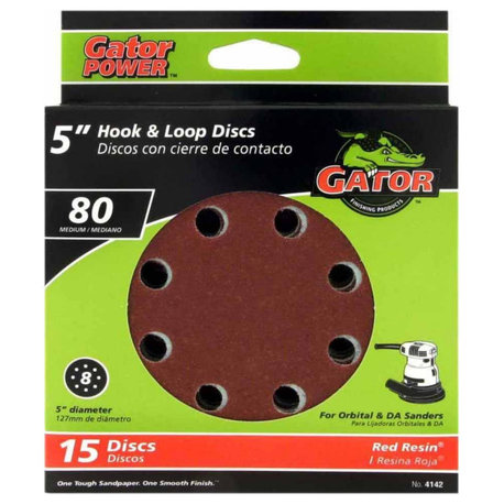 Gator® 4142 Aluminum Oxide 8-Hole Hook & Loop Sanding Disc, 80-Grit, 5", 15-Pack