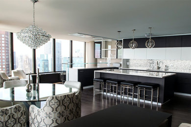 Large minimalist u-shaped dark wood floor and brown floor open concept kitchen photo in Chicago with a double-bowl sink, flat-panel cabinets, white cabinets, multicolored backsplash, stainless steel appliances, an island, quartz countertops, metal backsplash and white countertops