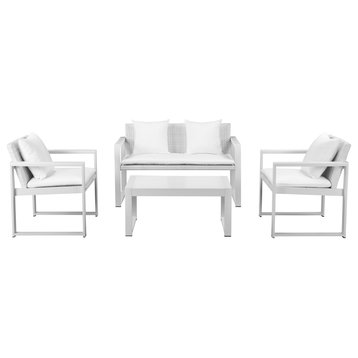 Chester 4-Piece Sofa Set, White Rattan & White Fabric, White & White