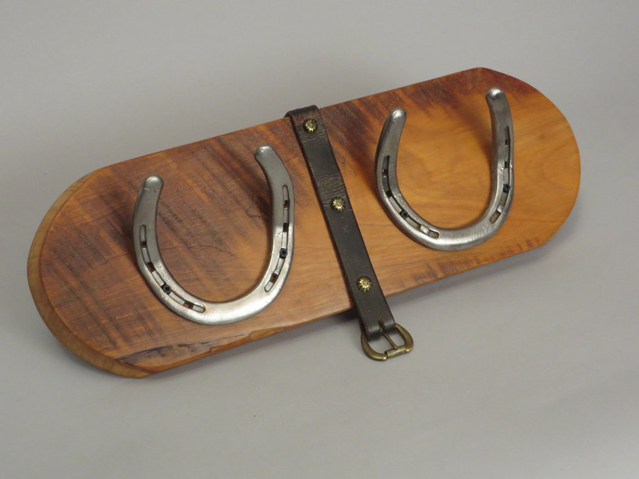 #R15055 Coat Rack Reclaimed Ambrosia Maple, horseshoes, leather.