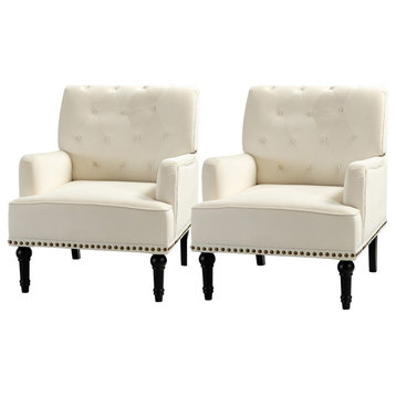 Upholstered Tufted Comfy Accent Armchair With Nailhead Trim Set of 2, Ivory