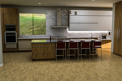 Open concept kitchen - large modern single-wall medium tone wood floor and brown floor open concept kitchen idea in Houston with an undermount sink, flat-panel cabinets, medium tone wood cabinets, quartz countertops, white backsplash, stainless steel appliances, an island and white countertops