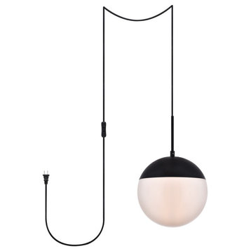 Elsa 1-Light Black Plug-In Pendant With Frosted White Glass