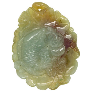 Quality Carved Jade Pendant With Fish Biting Fortune On Lotus Leaf