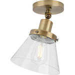 Progress Lighting - Hinton 1-Light Seeded Glass Industrial Flush Mount Ceiling Light, Vintage Brass - Enjoy focused task lighting with the Hinton Collection 1-Light Seeded Glass Vintage Brass Industrial Flush Mount Ceiling Light. A vintage light base with round decorative knobs is coated in a sleek vintage brass finish for modern industrial character. The light base attaches to a metal stem that suspends from the ceiling plate. For ideal illumination, use 1 medium base bulb that is sold separately (60w max - LED/CFL/incandescent). The ceiling light is compatible with dimmable bulbs. Incorporate clear light bulbs for a pinch of contemporary shine or opt for vintage bulbs to enhance the light fixture's rustic demeanor. The flush mount's industrial design is ideal for any hallway, stairwell, entryway, closet, pantry, kitchen, workspace, or sitting room in coastal, farmhouse, transitional, or vintage electric style settings. It's time to breathe new life into the mundane every day with timeless and truly transformative bathroom lighting. Make your purchase today to begin your journey to a whole new lighting experience. Progress Lighting products are designed for exceptional quality, reliability, and functionality.