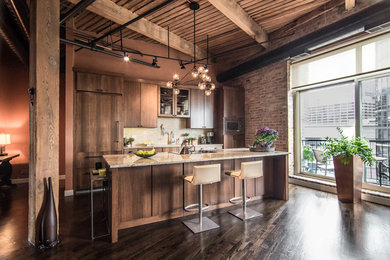 This is an example of a mid-sized eclectic galley kitchen in Chicago with an undermount sink, flat-panel cabinets, medium wood cabinets, granite benchtops, beige splashback, ceramic splashback, stainless steel appliances, dark hardwood floors and with island.