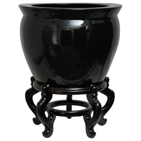 16" Solid Black Porcelain Fishbowl