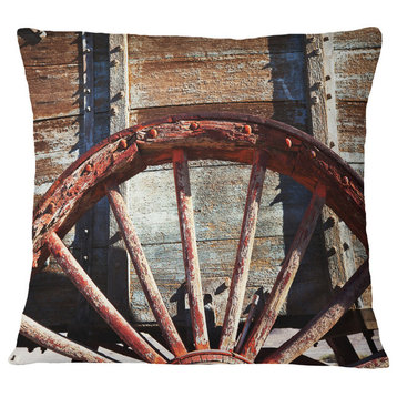 Old Brown Cart Wheel Landscape Printed Throw Pillow, 18"x18"