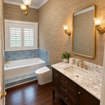 Elegant Transitional Guest Bathroom with Grasscloth Wallpaper