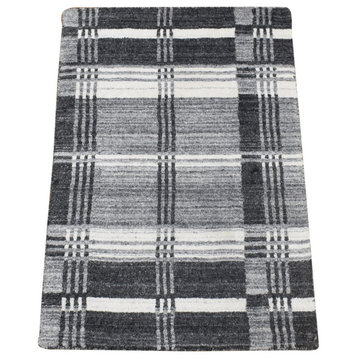 Charcoal Gray Modern Plaid Design Hand Loomed 100% Wool Oriental Rug 1'10"x2'10"