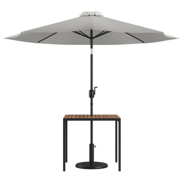 Black Steel Framed 35" Square Faux Teak Table, Gray 9' Patio Umbrella, Base