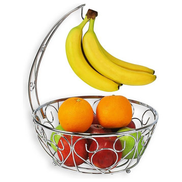 Fruit Basket Bowl with Banana Tree Hanger, Chrome