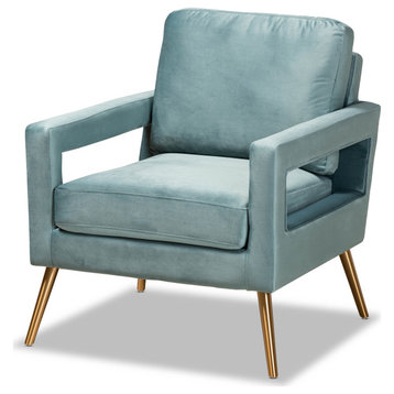 Leland Glam and Luxe Light Blue Velvet Upholstered and Gold Finished Armchair
