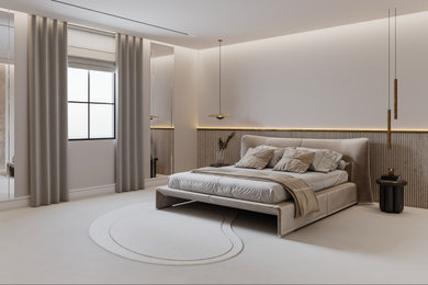 Inspiration for a modern master bedroom in West Midlands with white walls, concrete flooring, white floors and panelled walls.