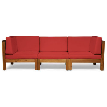 GDF Studio Dawson Outdoor 3-Seater Acacia Wood Sectional Sofa Set, Teak/Red