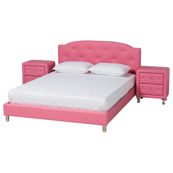 Canterbury Glam Pink Faux Leather Upholstered Queen Size 3-Piece Bedroom Set