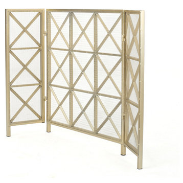 GDF Studio Mandralla 3-Paneled Iron Fireplace Screen, Gold