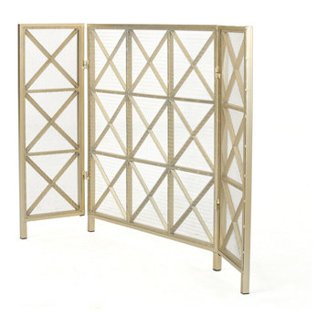 GDF Studio Mandralla 3-Paneled Iron Fireplace Screen, Gold