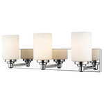 Z-Lite - Soledad Three Light Vanity, Chrome - Let your bathroom or hallway bask in soft warm light. This contemporary three-light wall sconce has a sophisticated streamlined look and extends from a long mirrored plate for extra gleam. From the sconce's cylindrical white etched glass shades to its chrome finish this fixture stylishly upgrades your space.