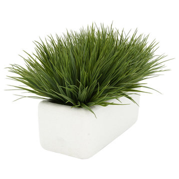 Artificial Green Farm Grass in 14" Sandy White Rectangle Ceramic