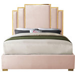 Meridian Furniture - Hugo Velvet King Bed, Pink - Sleep like a king while adding dramatic flair to your bedroom space in the regal Hugo pink velvet king bed. Sleek pink velvet upholstery is supported by a polished gold metal frame, supported on gold metal legs, creating a stunning bed that's truly fit for royalty. The unique gold-framed layered rectangle design of the headboard commands attention of anyone who ventures into your sleeping chamber, and its luxuriously large size ensures you'll slumber like a king.