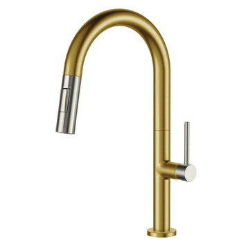 Fine Fixtures Pull Down Single Handle Kitchen Faucet, Satin Brass/Red