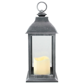 12.5" Silver Brushed Black Candle Lantern With Flameless LED Candle