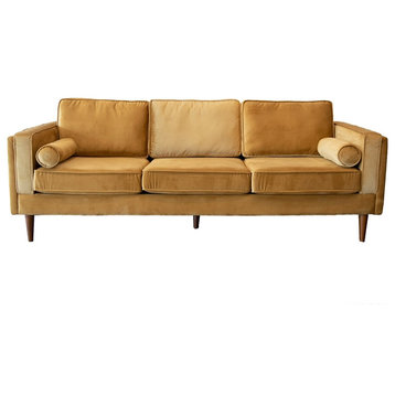 Hudson Living Room Mid Century Modern Pillow Back Velvet Sofa in Dark Yellow