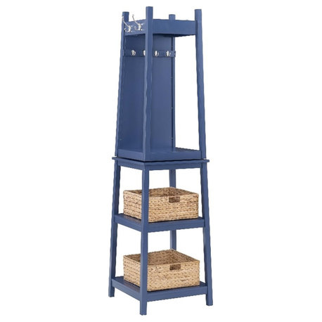 Linon Aila Wood Swivel Coat Rack with Mirror Hooks Shelves and Baskets in Navy