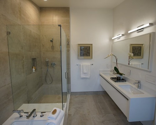 Badezimmer mit beigefarbenen Fliesen und Zementfliesen Ideen, Design